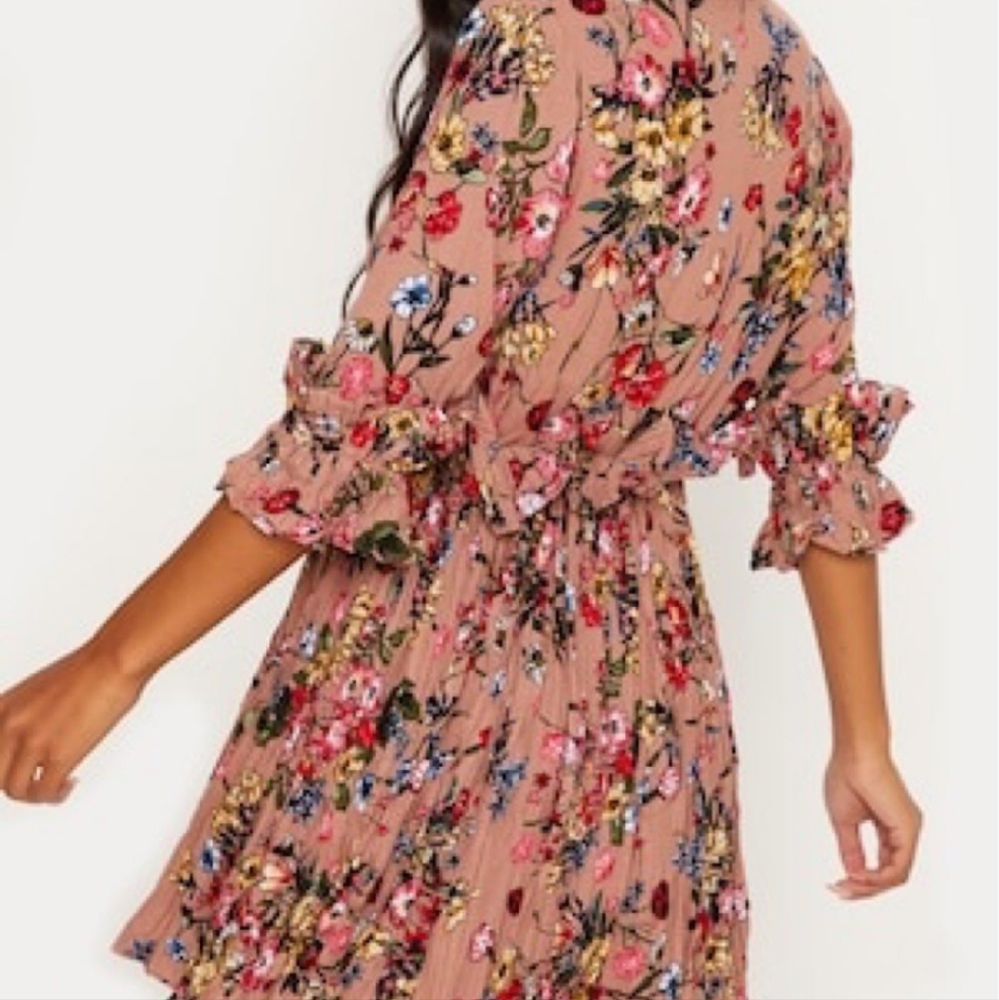 Dark Nude Floral Frill Detail Pleated Skater Dress